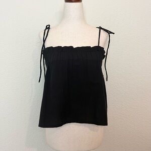 Pampelone Tie Shoulder Sleeveless‎ Cropped Black Linen Top